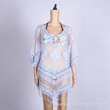 Light Blue Tassels Embroidered Dress Summer Beach Dress